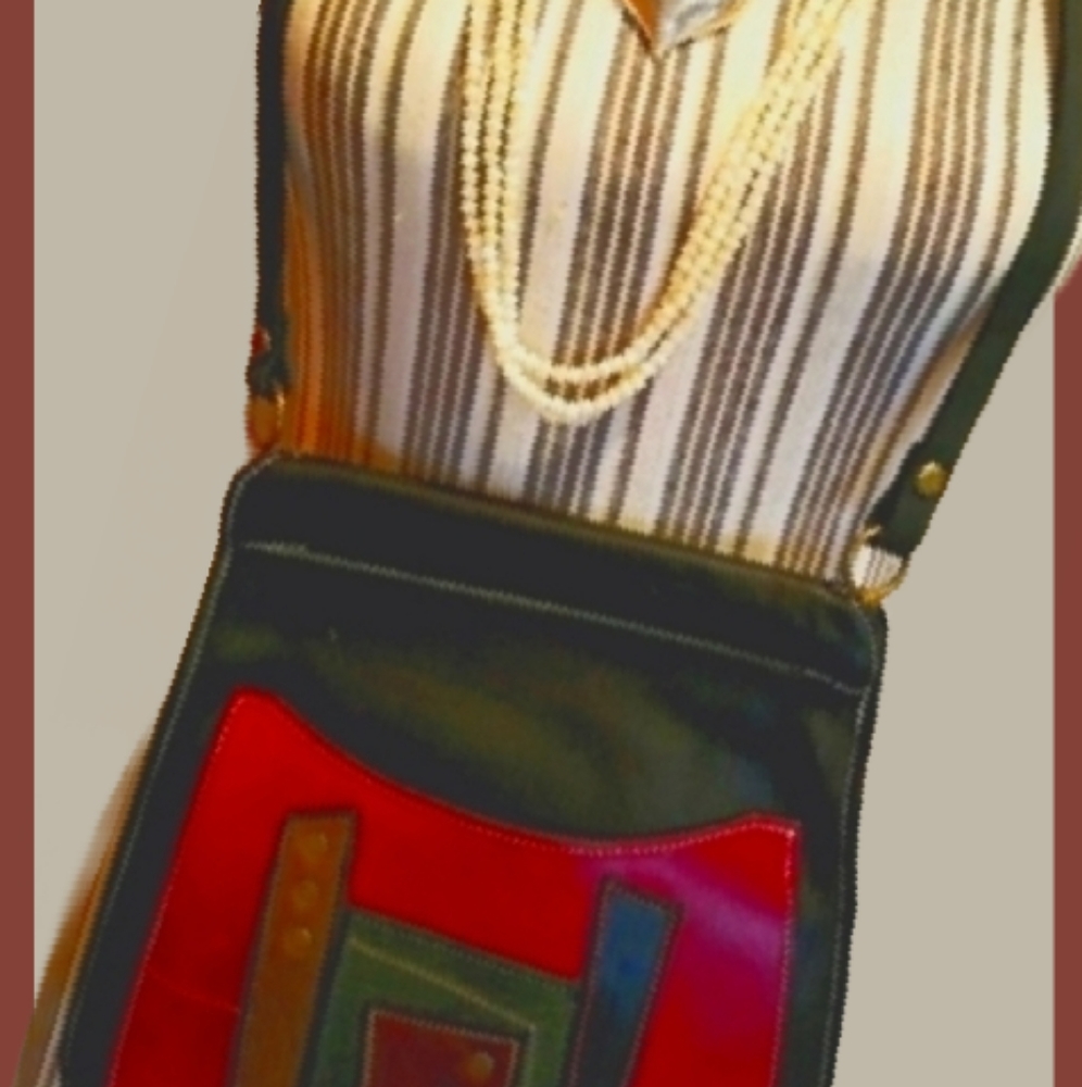 Red Patch Colorblock 100% Leather Shoulder Bag Handmade One of a Kind. - Picture 12 of 12